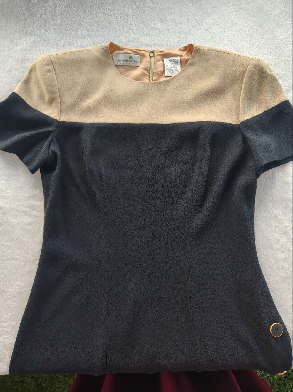 Vintage Liz Claiborne Black and Tan Short Sleeve Colorblock Dress